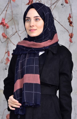 Square Patterned Cotton Shawl 2149-03 Navy Blue Dusty Rose 2149-03