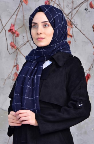 Square Patterned Cotton Shawl 2149-15 Navy Blue 2149-15
