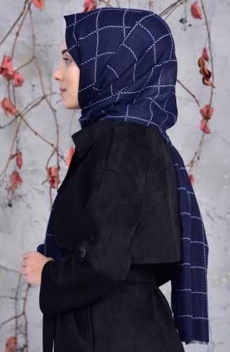 Square Patterned Cotton Shawl 2149-15 Navy Blue 2149-15