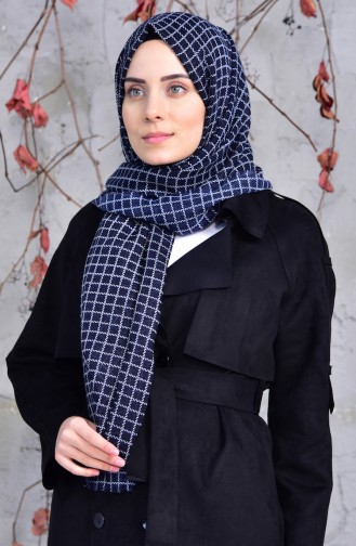 Square Patterned Cotton Shawl 2150-07 Navy Blue 2150-07