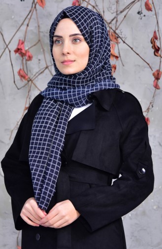 Square Patterned Cotton Shawl 2150-07 Navy Blue 2150-07