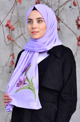 Flower Embroidered Crepe Shawl 44890-01 Lilac 44890-01