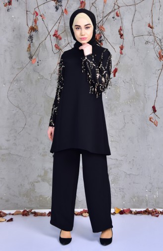 Sequin Sleeve Tunic Pants Binary Suit 0128-01 Black 0128-01