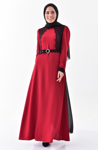فستان بتصميم حزام للخصر مُزين بالدانتيل 0197-06 لون خمري واسود 0197-06