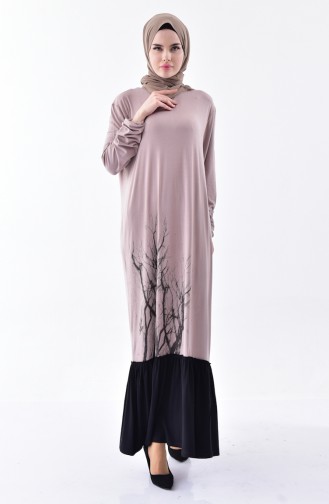 Doğal Kumaş Büzgülü Elbise 1023-01 Vizon
