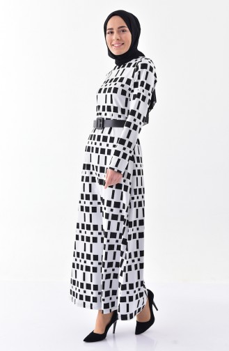 Desenli Kemerli Elbise 7122-01 Siyah Beyaz