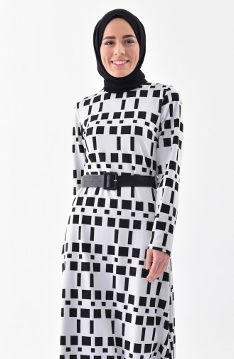 Patterned Belt Dress 7122-01 Black White 7122-01