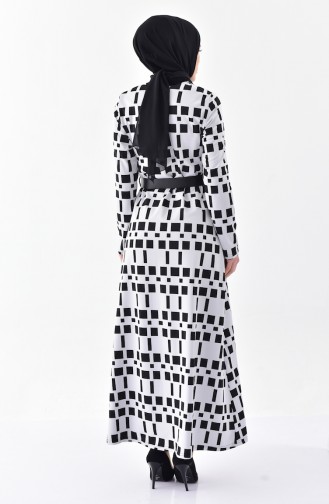 Desenli Kemerli Elbise 7122-01 Siyah Beyaz