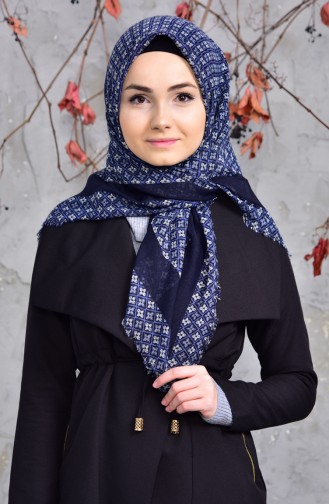 Patterned Cotton Scarf 2153-02 Navy Blue - Blue 2153-02