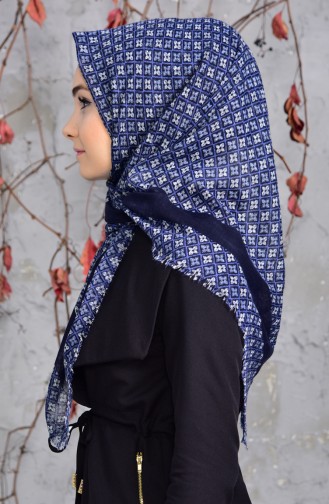 Desenli Flamlı Cotton Eşarp 2153-02 Lacivert Mavi