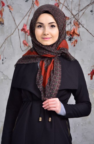 Desenli Flamlı Cotton Eşarp 2153-08 Taba Siyah