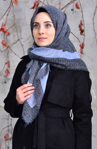 Desenli Flamlı Cotton Eşarp 2153-19 Mavi