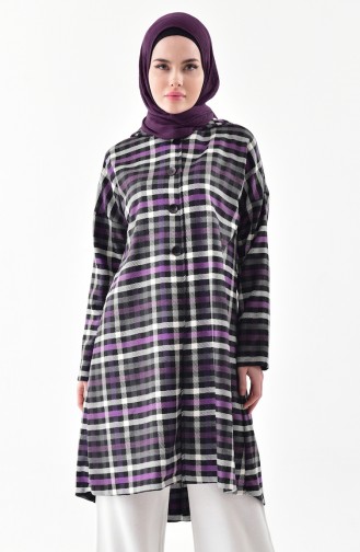 TUBANUR Plaid Patterned Hooded Cape 3062-02 Purple Black 3062-02