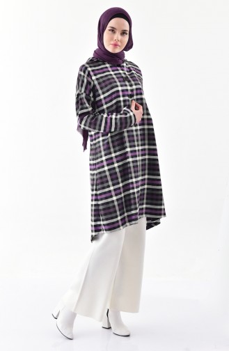 Karierte Gemusterte Cape mit Kapuze 3062-02 Lila Schwarz 3062-02