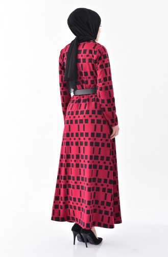 دلبر فستان مُطبع بتصميم حزام للخصر 7122-02 لون اسود وخمري 7122-02