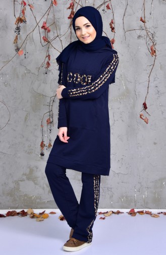 Sefamerve Leopard Patterned Tracksuit Team 1409-02 Navy Blue 1409-02