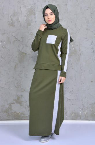 طقم تنورة وبلوز بتصميم مُخطط 2207-04 لون أخضر كاكي 2207-04