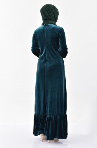 Nakışlı Kadife Elbise 2073-05 Zümrüt Yeşil