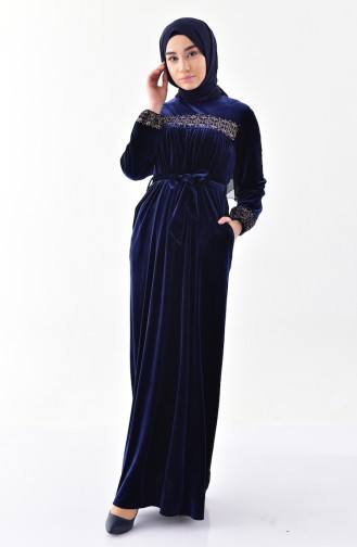Robe Velours a Ceinture 2100-01 Bleu Marine 2100-01