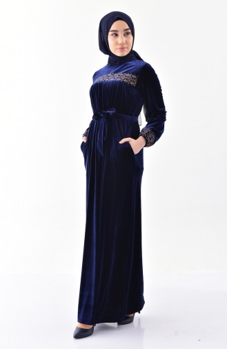 Robe Velours a Ceinture 2100-01 Bleu Marine 2100-01