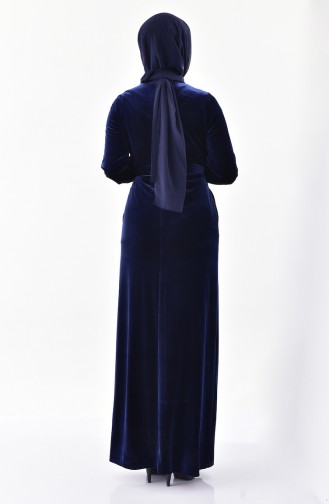 Büzgülü Kuşaklı Kadife Elbise 2100-01 Lacivert