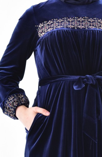 Robe Velours a Ceinture 2100-01 Bleu Marine 2100-01