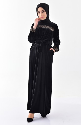 Gathered Belted Velvet Dress 2100-02 Black 2100-02