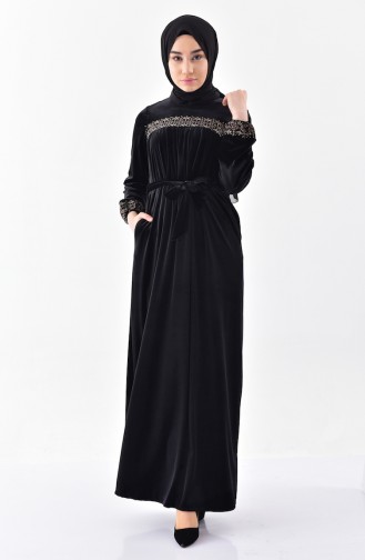 Gathered Belted Velvet Dress 2100-02 Black 2100-02