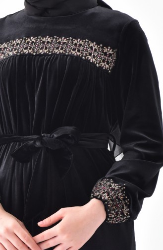 Gathered Belted Velvet Dress 2100-02 Black 2100-02