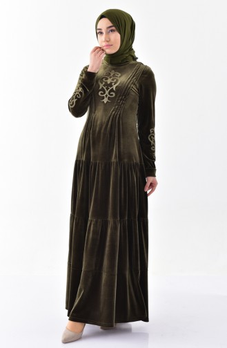 Stone Printed Velvet Dress 2169-02 Khaki 2169-02