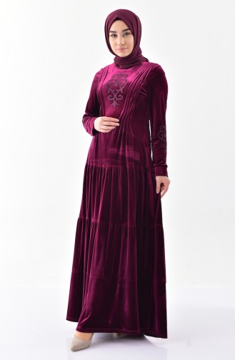 Taş Baskılı Kadife Elbise 2169-03 Mürdüm 2169-03