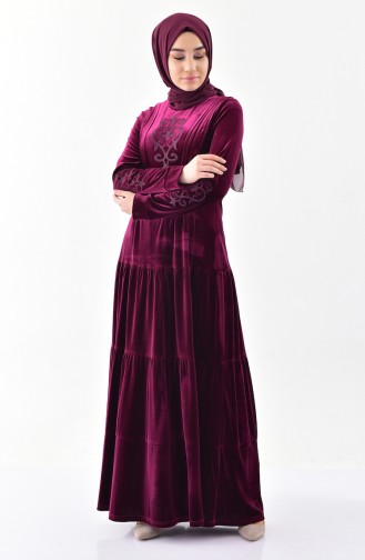 Taş Baskılı Kadife Elbise 2169-03 Mürdüm 2169-03