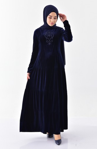 Stone Printed Velvet Dress 2169-04 Navy Blue 2169-04