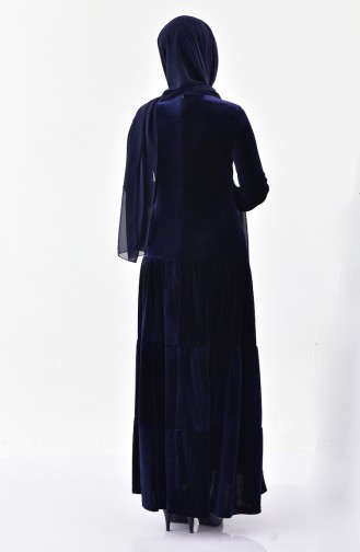 Stone Printed Velvet Dress 2169-04 Navy Blue 2169-04