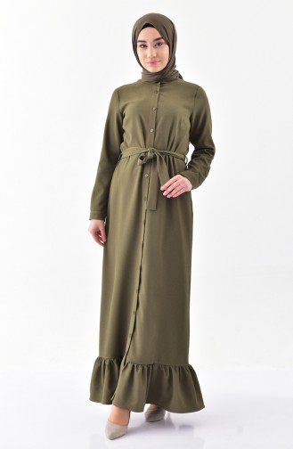 فستان بتصميم ياقة مثنية 4433-03 لون اخضر كاكي 4433-03