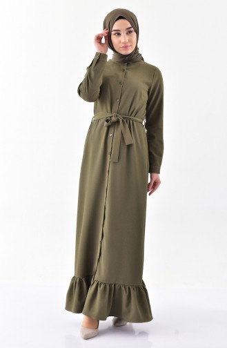 فستان بتصميم ياقة مثنية 4433-03 لون اخضر كاكي 4433-03