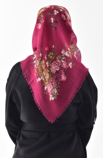 Floral Patterned Flamed Cotton Scarf 2155-05 Fuchsia 2155-05
