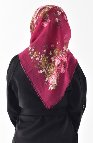 Floral Patterned Flamed Cotton Scarf 2155-05 Fuchsia 2155-05