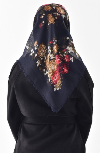 Floral Patterned Flamed Cotton Scarf 2155-06 Navy Blue Red 2155-06