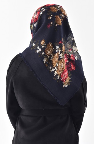 Floral Patterned Flamed Cotton Scarf 2155-06 Navy Blue Red 2155-06