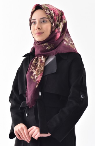 Çiçek Desenli Flamlı Cotton Eşarp 2155-08 Mürdüm