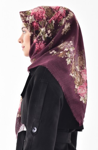 Çiçek Desenli Flamlı Cotton Eşarp 2155-08 Mürdüm