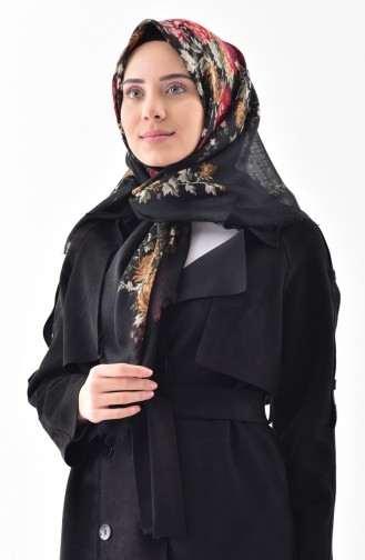 Çiçek Desenli Flamlı Cotton Eşarp 2155-09 Siyah Kırmızı