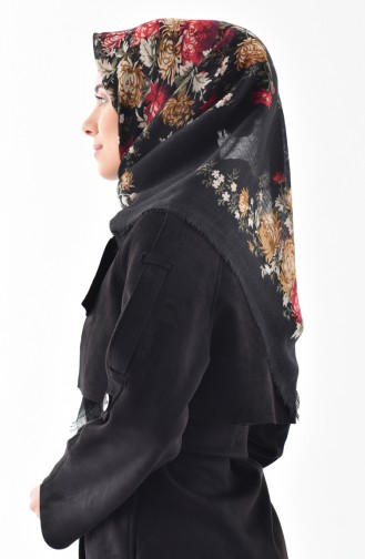 Floral Patterned Flamed Cotton Scarf 2155-09 Black Red 2155-09