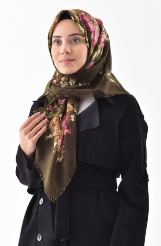 Çiçek Desenli Flamlı Cotton Eşarp 2155-11 Haki