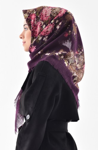 Flower Patterned Flamed Cotton Scarf 2155-12 Purple 2155-12
