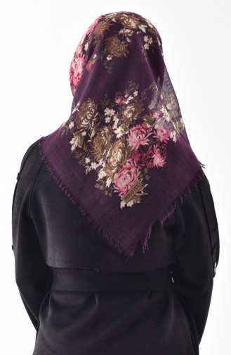 Flower Patterned Flamed Cotton Scarf 2155-12 Purple 2155-12