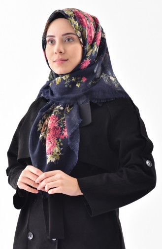 Çiçek Desenli Flamlı Cotton Eşarp 2155-15 Lacivert Pembe