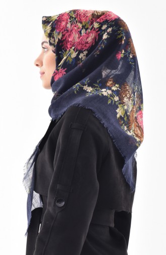 Floral Patterned Flamed Cotton Scarf 2155-15 Navy Blue Pink 2155-15