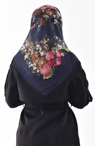 Floral Patterned Flamed Cotton Scarf 2155-15 Navy Blue Pink 2155-15